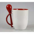 12oz Red And White Two Tone Color Glazed Logo Decal Custom Ceramic Coffe Coffee Mug With Spoon